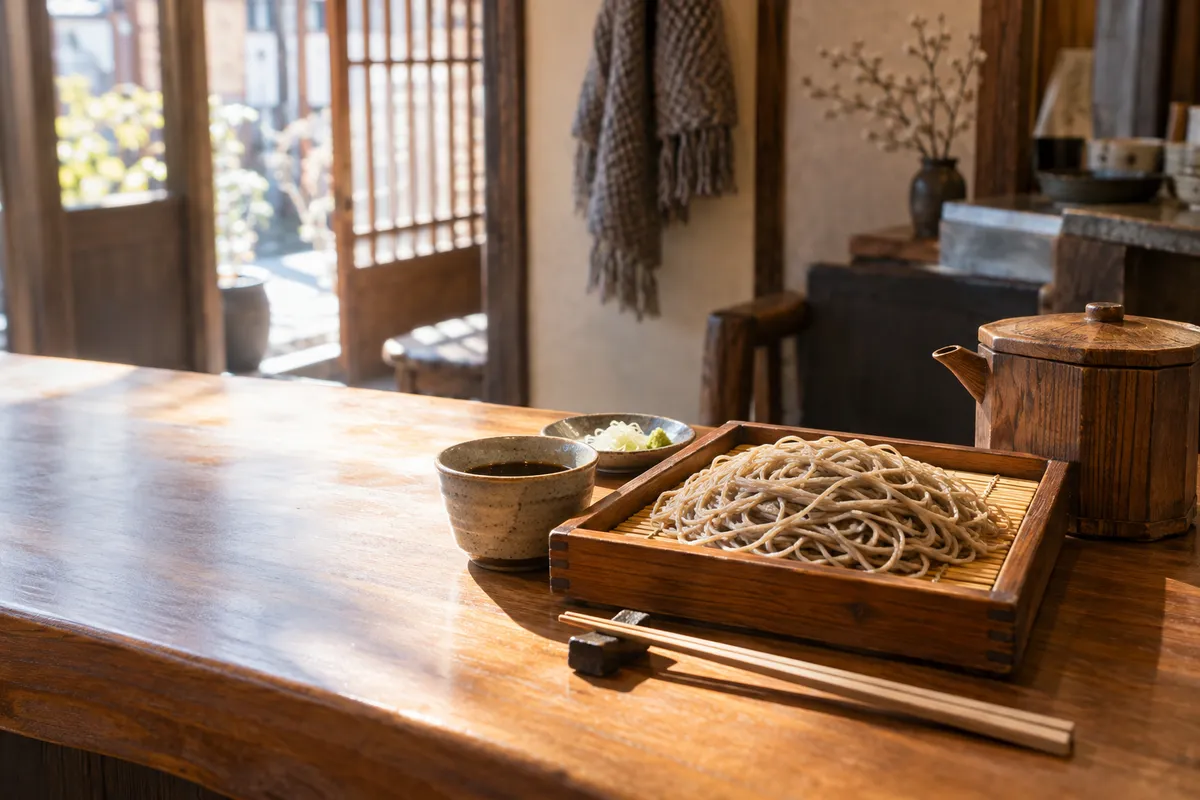 そば店のカウンターに置かれたもりそば