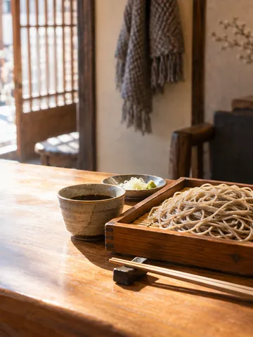 そば店のカウンターに置かれたもりそば
