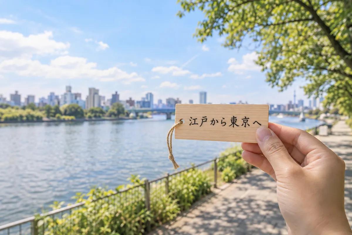 川沿いの遊歩道で「江戸から東京へ」の木の札を持つ手