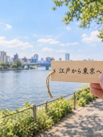 川沿いの遊歩道で「江戸から東京へ」の木の札を持つ手
