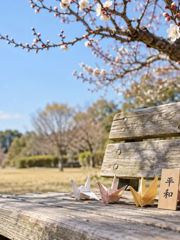 公園のベンチに置かれた折り鶴と「平和」の木札