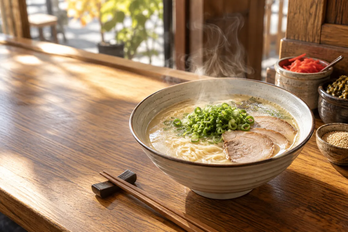 カウンターに置かれた湯気の立つとんこつラーメン