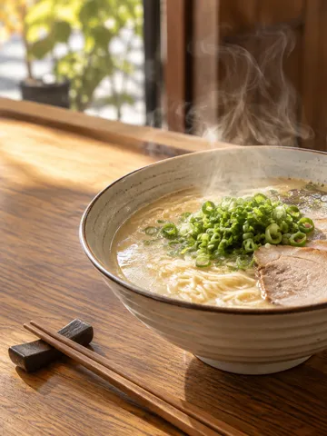 カウンターに置かれた湯気の立つとんこつラーメン