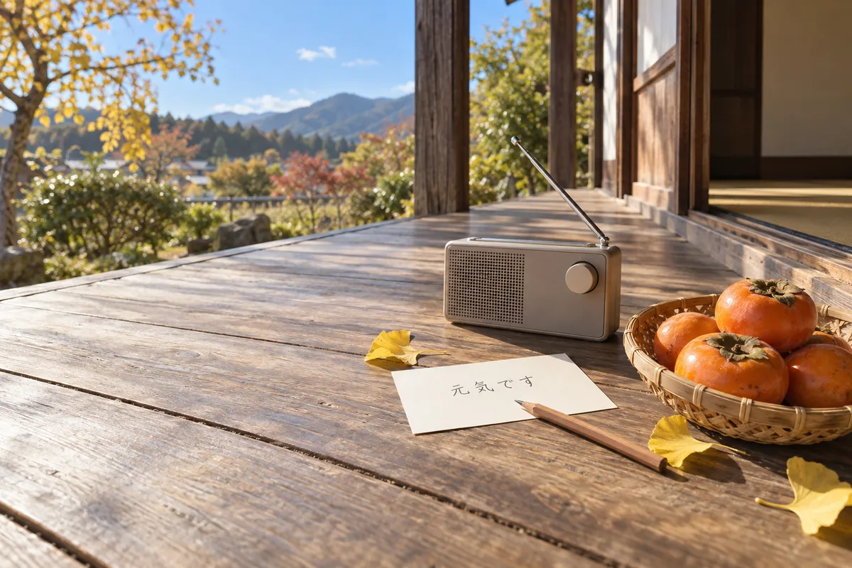 縁側のラジオと「元気です」の葉書、柿