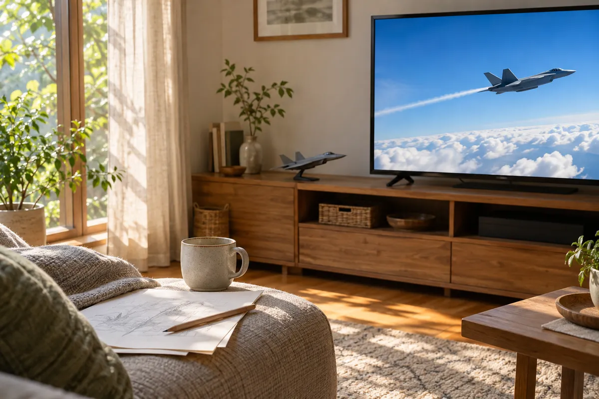 戦闘機の模型と空の映像が映るテレビのある部屋
