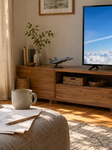 戦闘機の模型と空の映像が映るテレビのある部屋