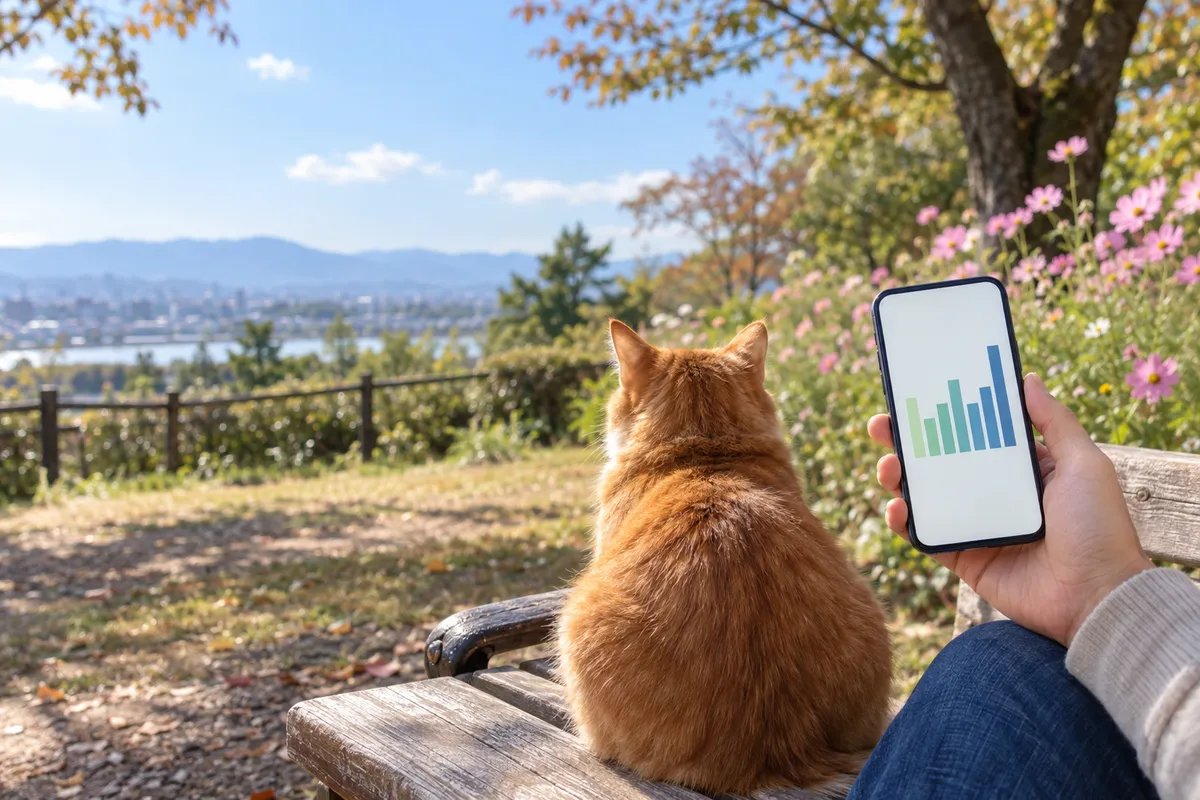 ベンチでスマホの1週間の歩数グラフを見る手と猫