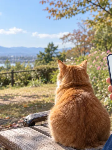 ベンチでスマホの1週間の歩数グラフを見る手と猫