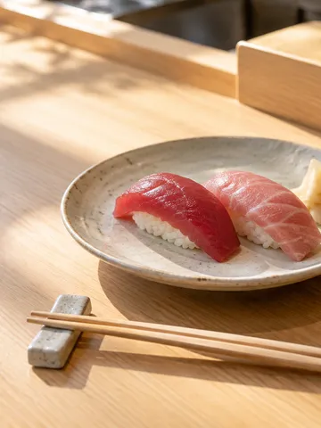 木のカウンターに並ぶ赤身と中トロの握り寿司