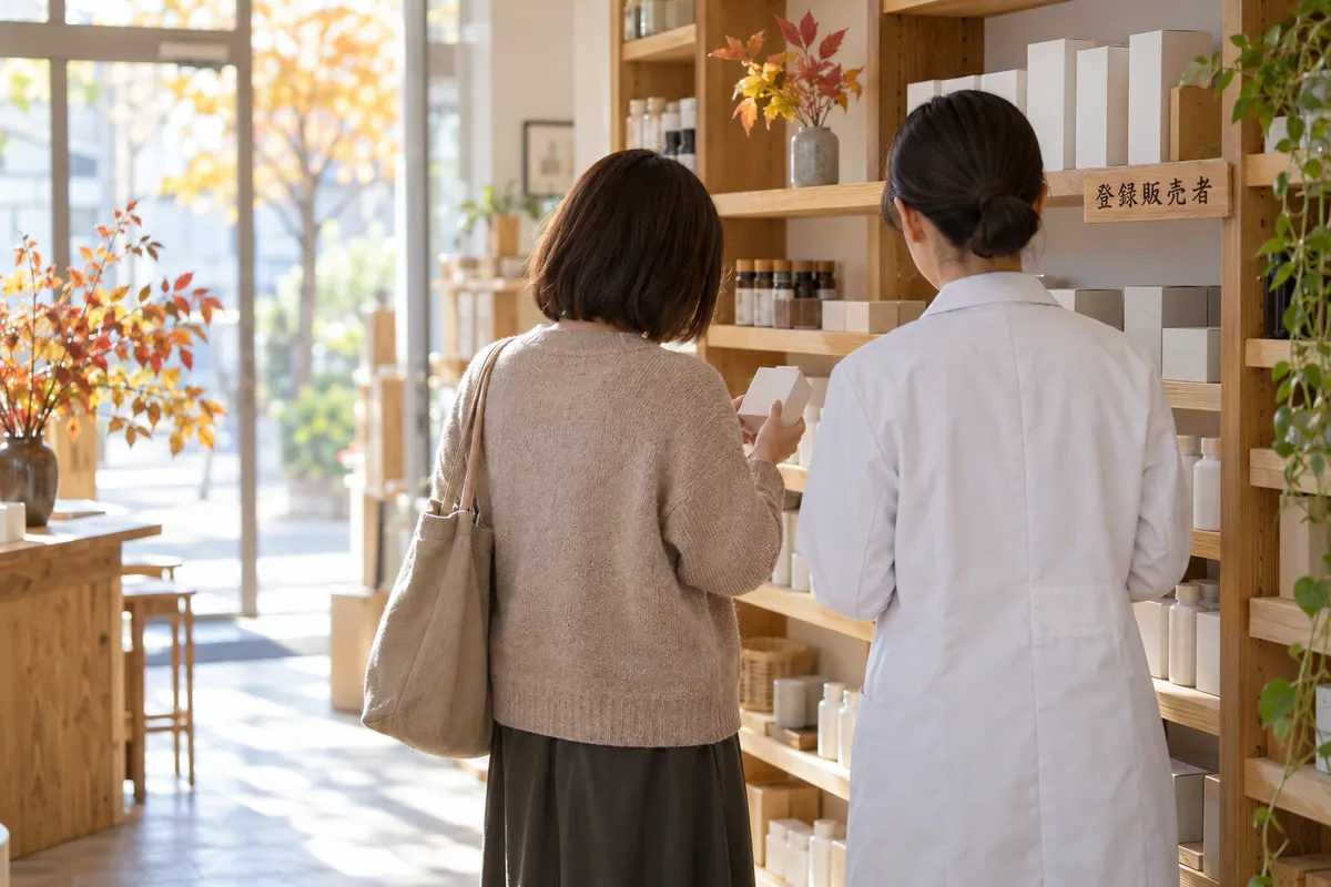薬売り場の棚に「登録販売者」の木札がある様子