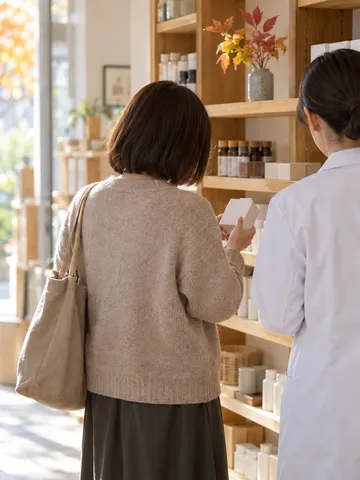薬売り場の棚に「登録販売者」の木札がある様子