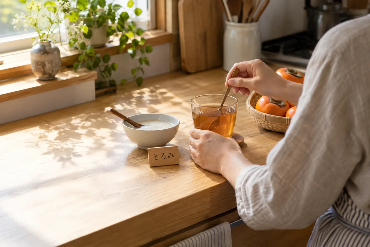 台所でとろみをつけたお茶を混ぜる手元