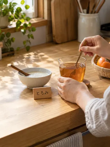 台所でとろみをつけたお茶を混ぜる手元