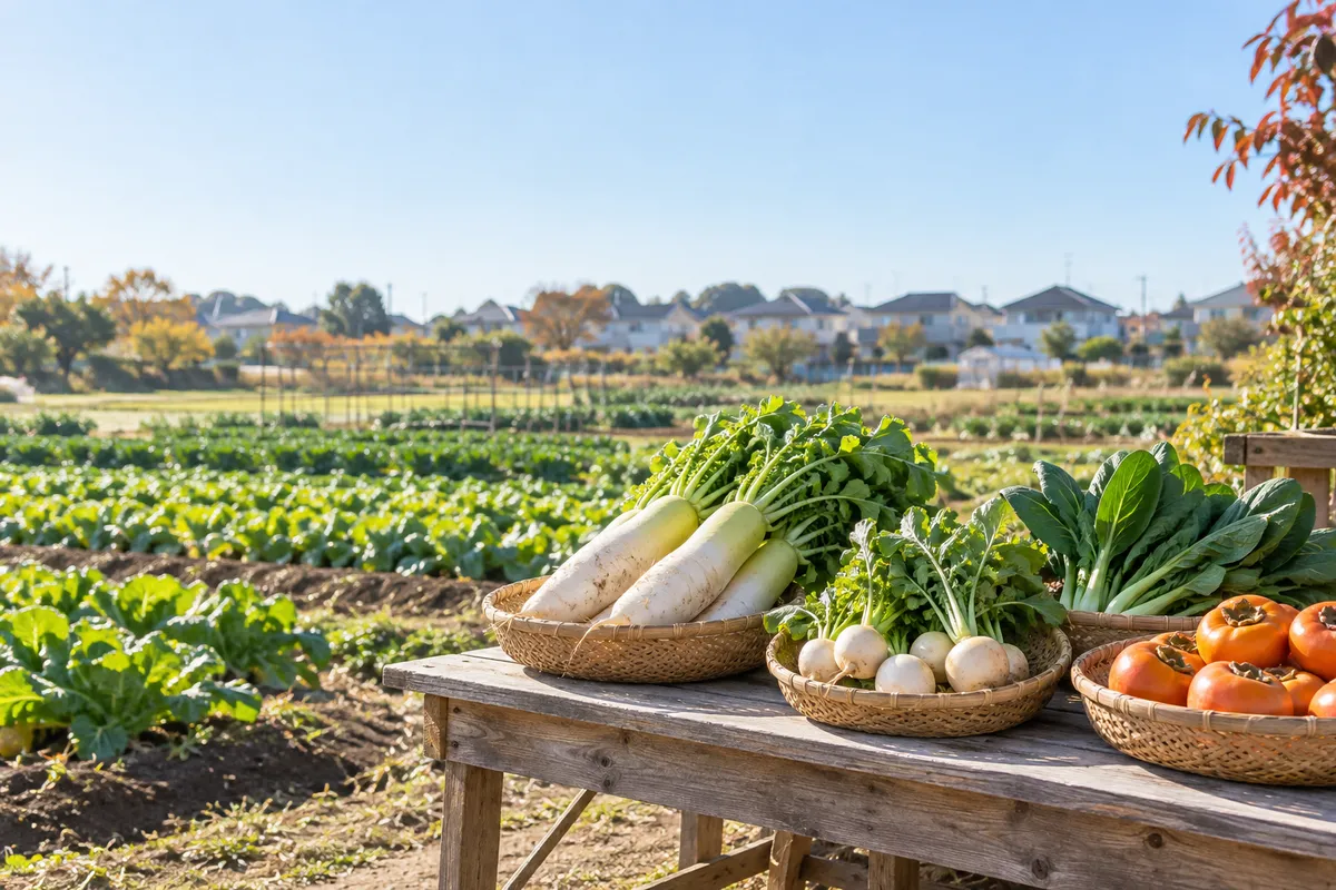 住宅地のそばの畑と、収穫した野菜が並ぶ直売台