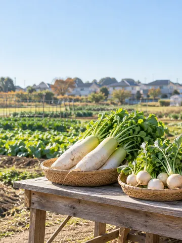 住宅地のそばの畑と、収穫した野菜が並ぶ直売台