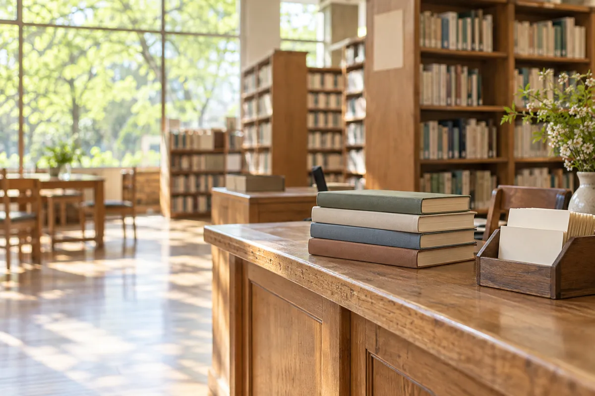 明るい日差しが差し込む静かな図書館の貸出カウンターと本棚