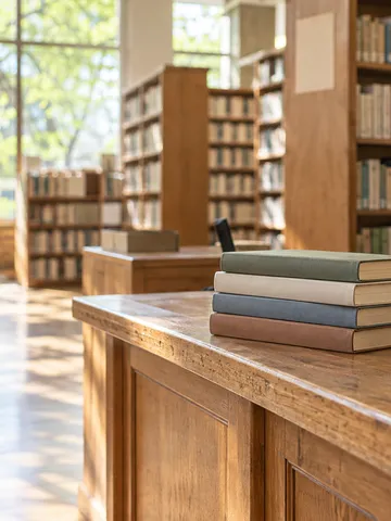 明るい日差しが差し込む静かな図書館の貸出カウンターと本棚