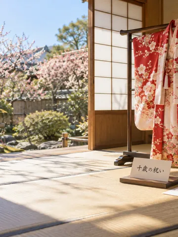 梅が咲く和室に飾られた子ども用の晴れ着と札