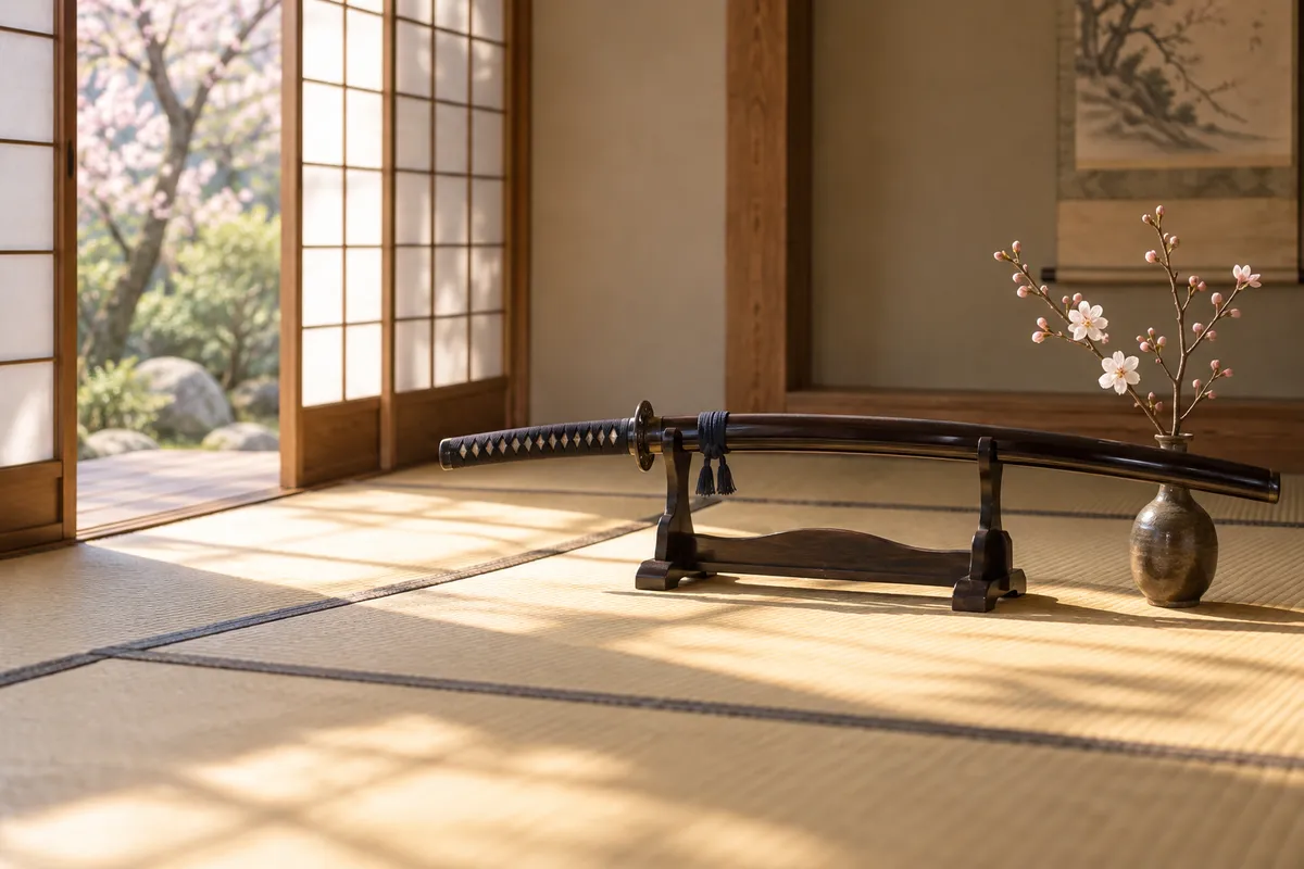 畳の部屋の刀掛けに置かれた日本刀と桜の枝