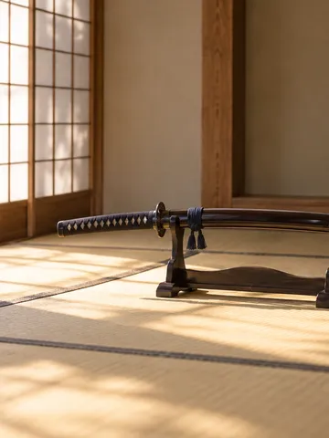 畳の部屋の刀掛けに置かれた日本刀と桜の枝