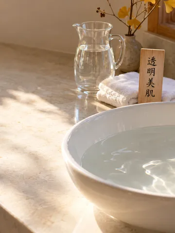 透明美肌と書かれた木札と水を張った洗面ボウル