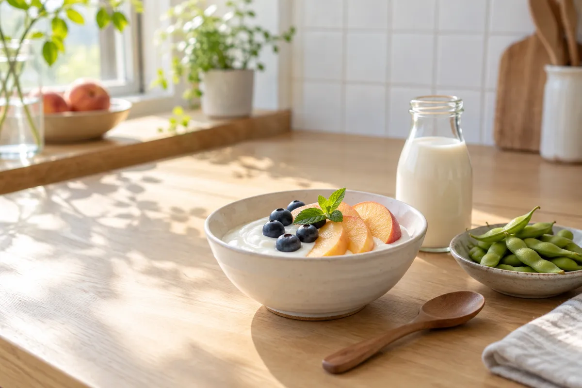 桃とブルーベリーをのせた豆乳ヨーグルトと豆乳の瓶