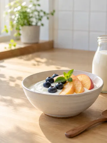 桃とブルーベリーをのせた豆乳ヨーグルトと豆乳の瓶
