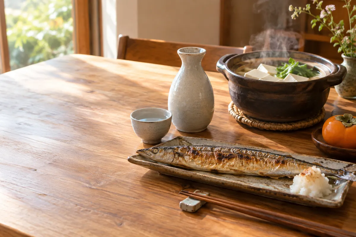 焼き魚と湯豆腐に添えた日本酒の食卓