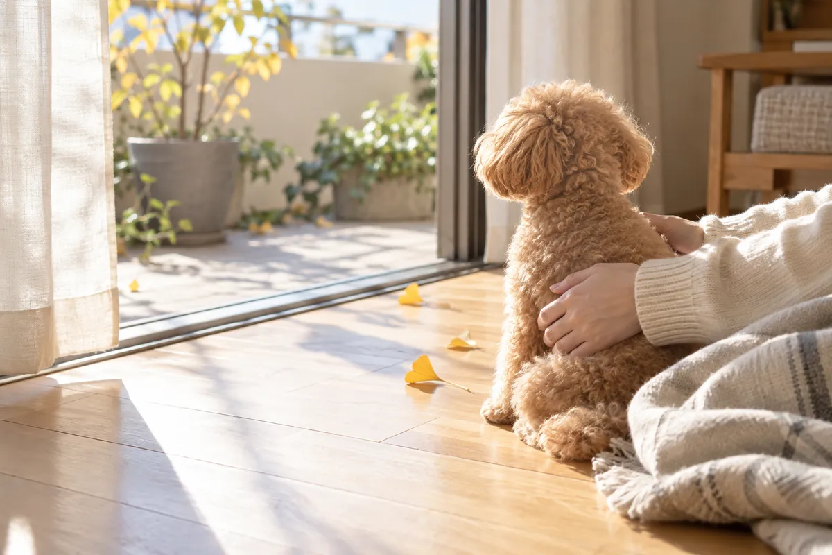 日なたの床で飼い主に抱かれるトイプードル