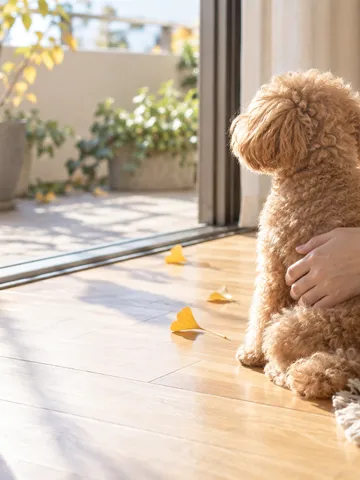 日なたの床で飼い主に抱かれるトイプードル