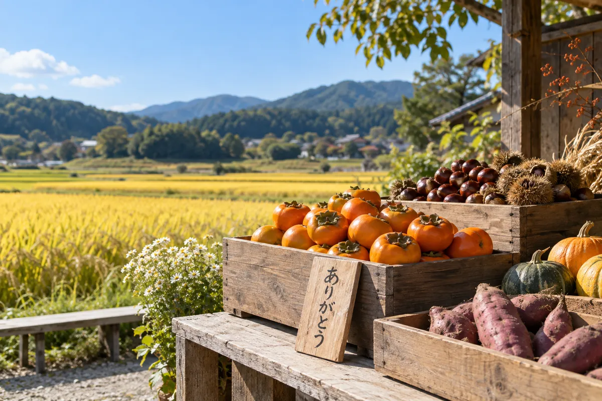 秋の実りの木箱と「ありがとう」の木札