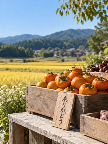 秋の実りの木箱と「ありがとう」の木札