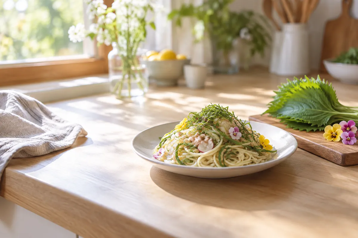 大葉とエディブルフラワーを添えたパスタサラダ