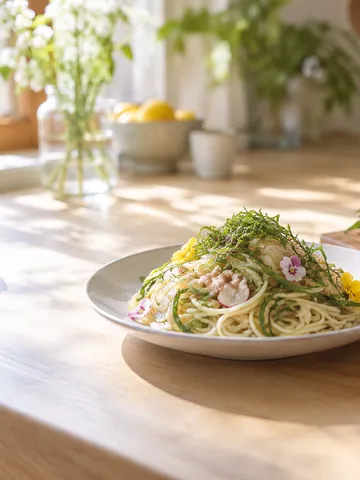 大葉とエディブルフラワーを添えたパスタサラダ