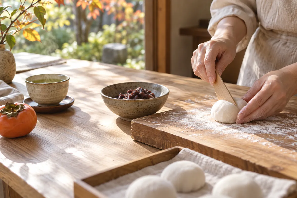 和菓子工房で餡と糯粉の生地を扱う手元