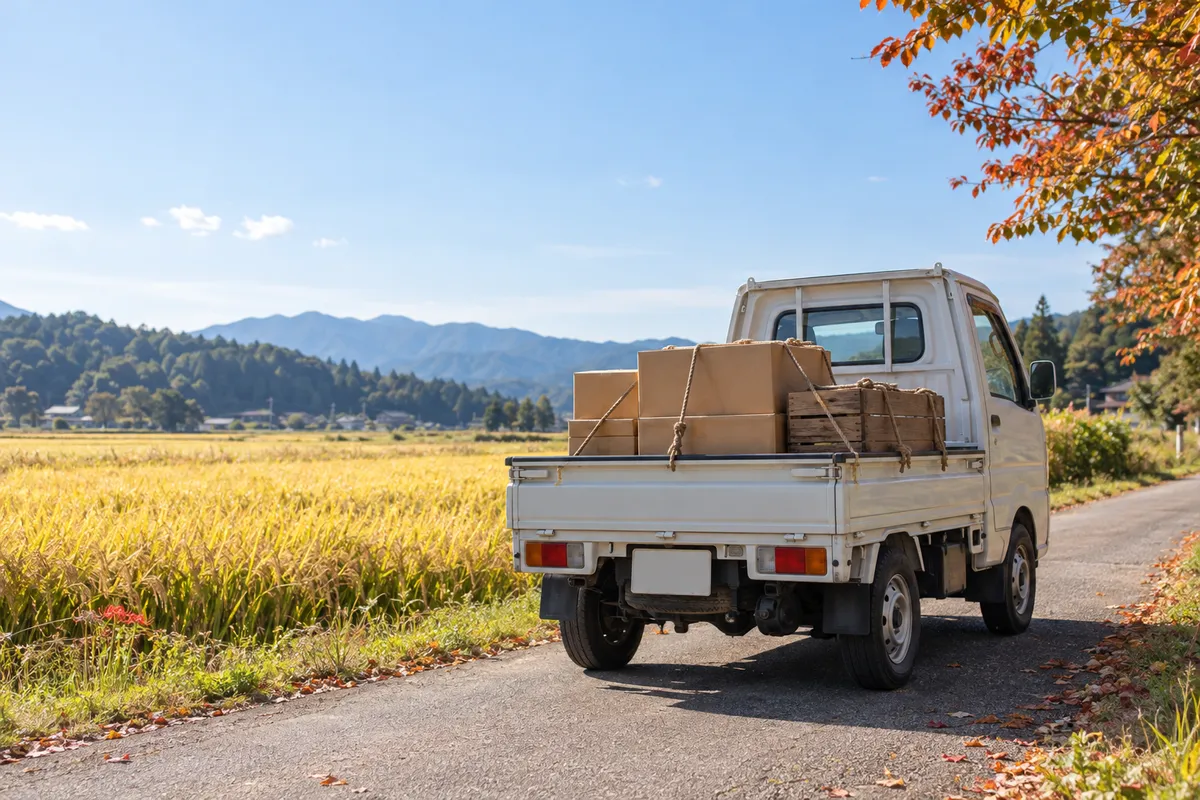 秋の田舎道に停まる荷台に荷物を積んだトラック