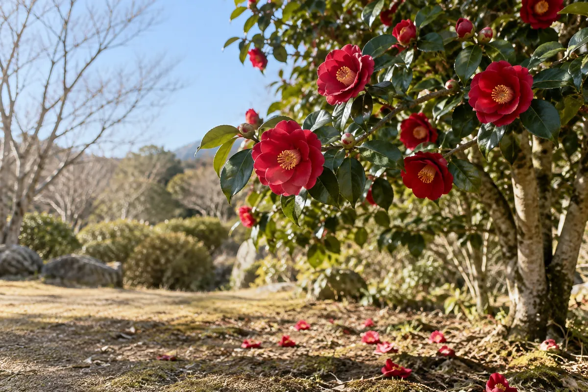 青空の下で赤い椿の花が咲く冬の庭