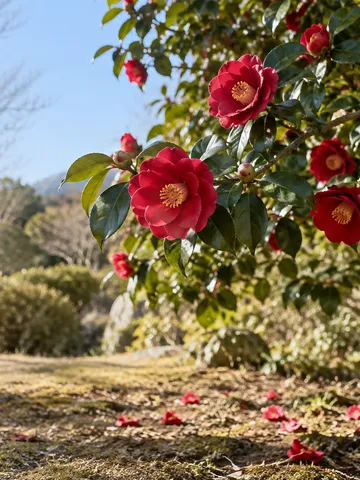 青空の下で赤い椿の花が咲く冬の庭