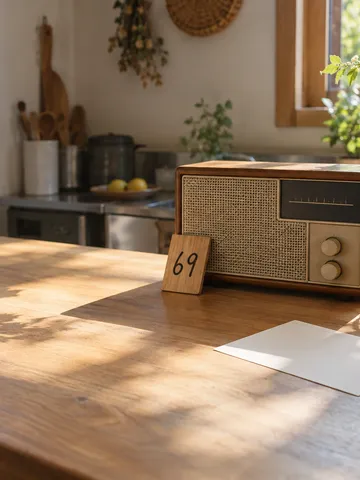 ラジオとはがきを書く手元、69と書かれた木札