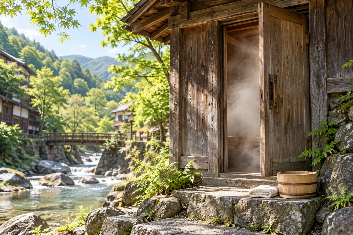 温泉地の木造の蒸し湯小屋から立つ湯気