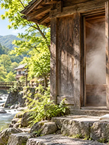 温泉地の木造の蒸し湯小屋から立つ湯気