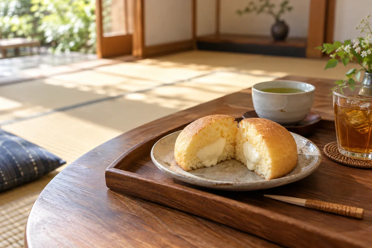 半分に割った蒸しカステラとお茶の静物