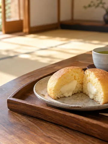半分に割った蒸しカステラとお茶の静物