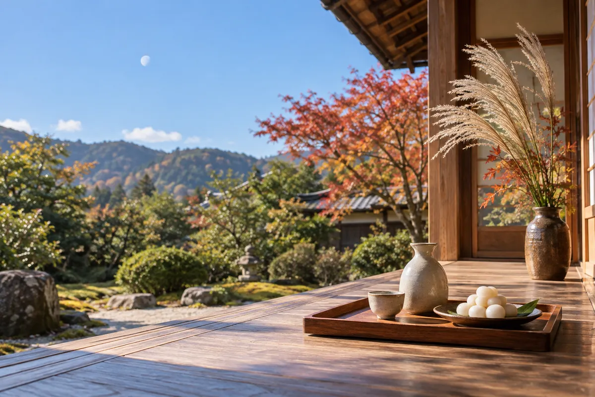 縁側に置かれた盃とお団子、すすきと昼の月