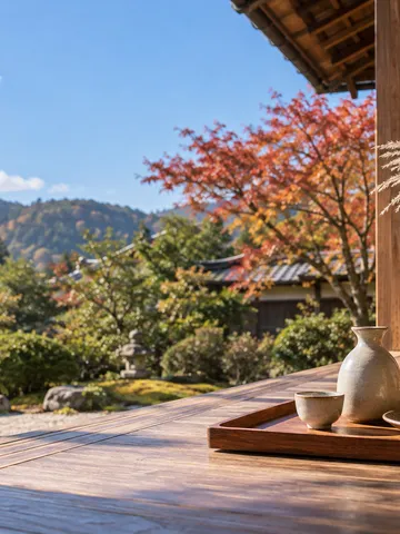 縁側に置かれた盃とお団子、すすきと昼の月