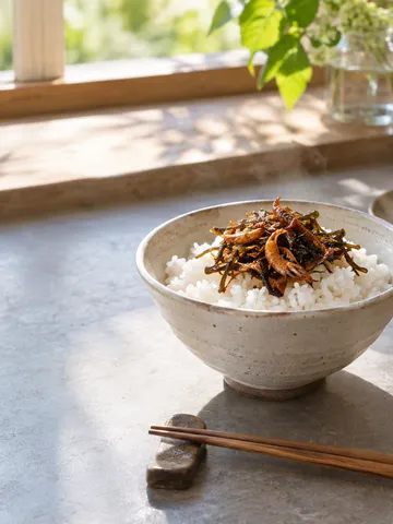 ご飯にのせた佃煮と小皿の佃煮、おにぎり
