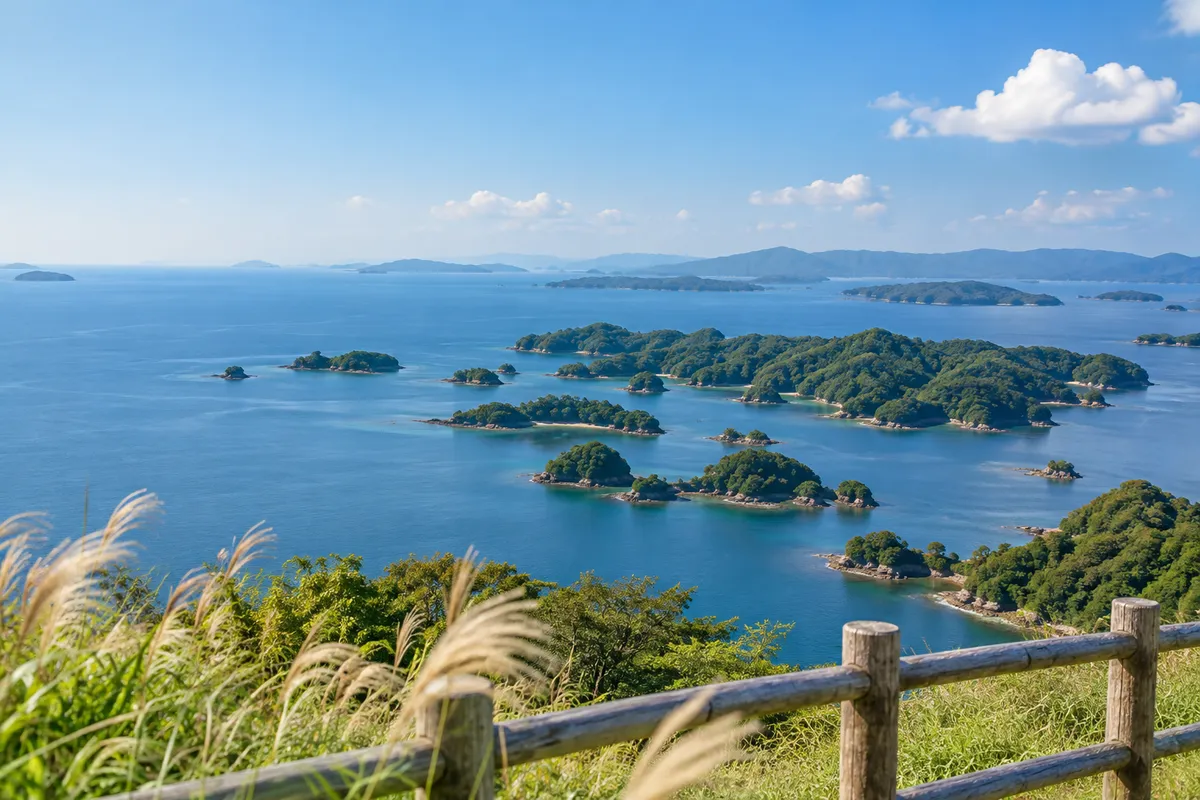 青い海に小さな島々が点在する九十九島の眺め