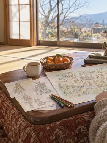 こたつで方眼紙にゲームの地図を描く手元