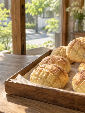 パン屋のカウンターに並ぶ焼きたてのメロンパン