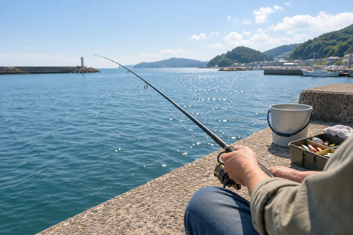 堤防で釣り竿を持つ人の手元と静かな海